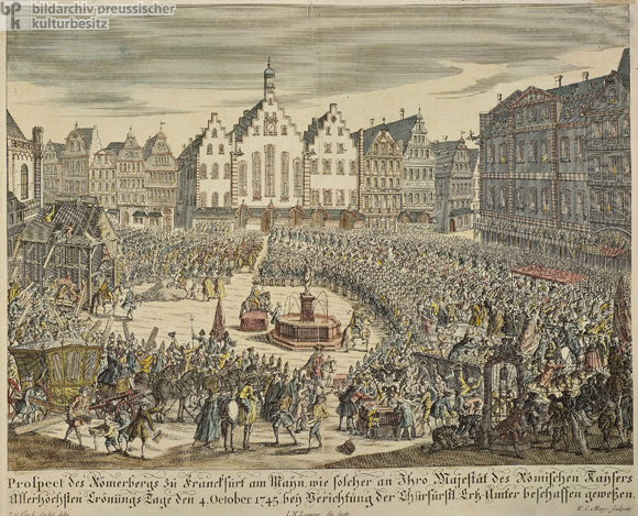 Der Römerberg in Frankfurt am Main am 4. Oktober 1745, dem Tag der Krönung Franz I. zum römisch-deutschen Kaiser (ca. 1750)